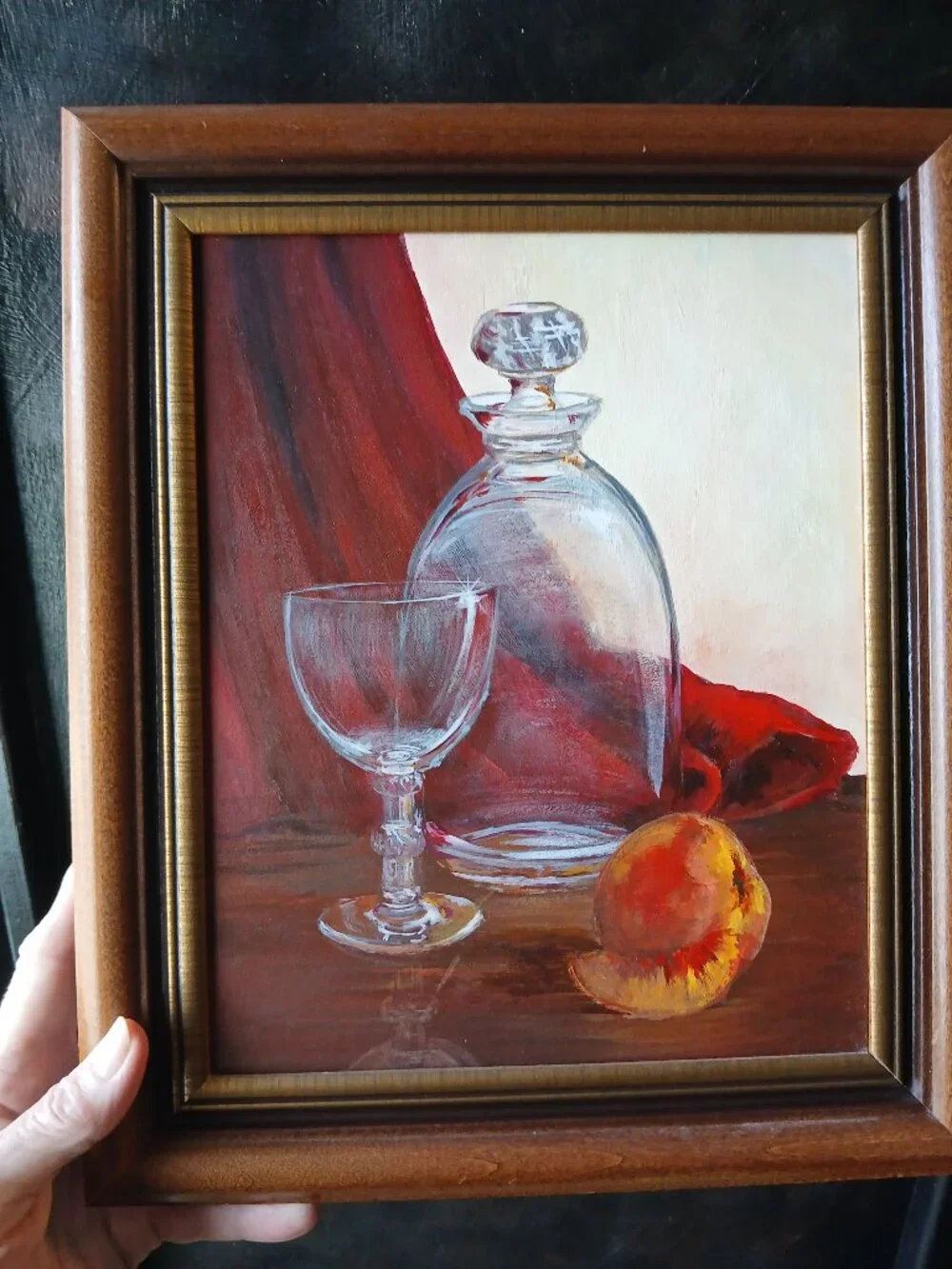 Vintage Still Life Oil Painting, Glass Decanter with Peach, BarCore